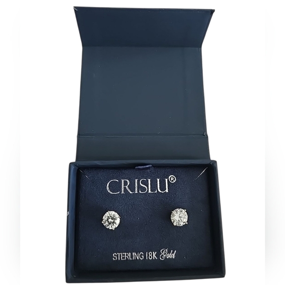 CRISLU Std Earrrings Sterling 18K Gold Cubic Zirconia Round Jewelry - Picture 2 of 7